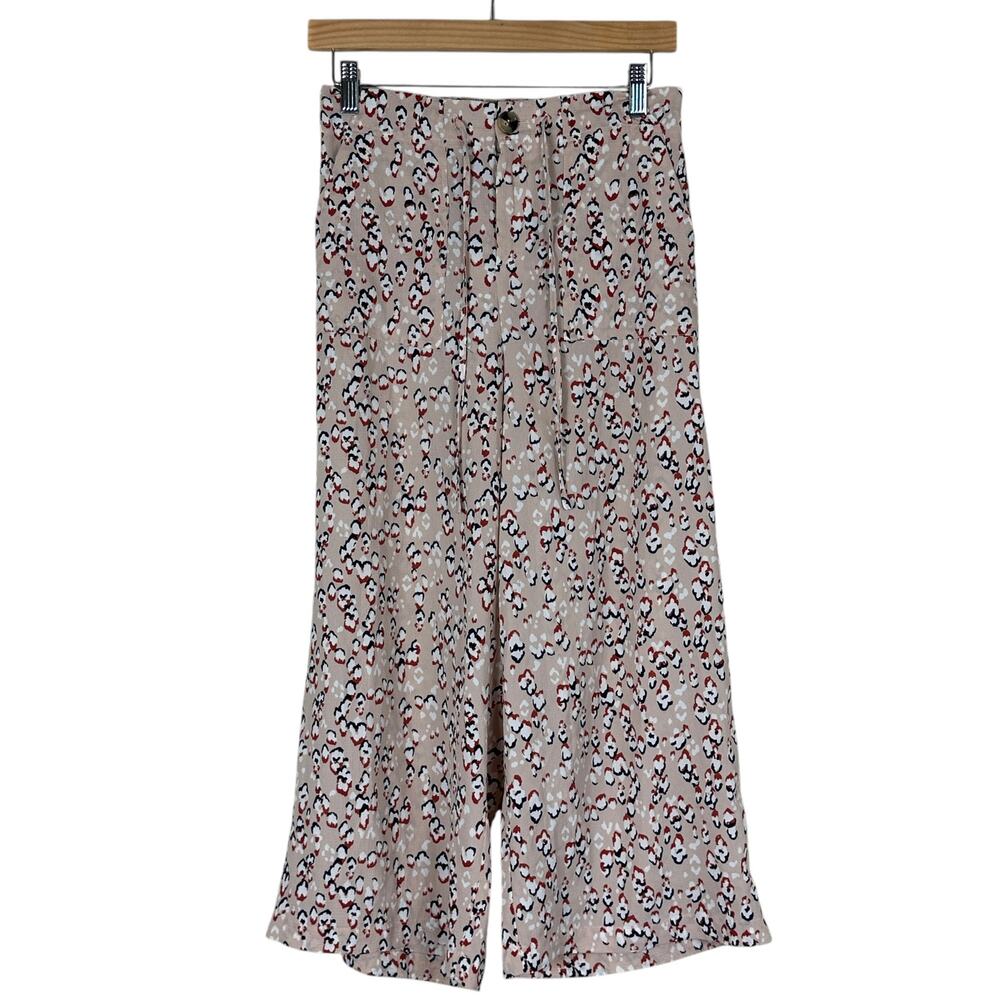 Melloday Culottes Womens XS Beige Abstract Print Crop Pants Wide Leg Boho Casual